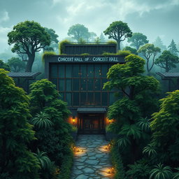 An urban concert hall surrounded by a dense, enchanting forest, designed for Dungeons and Dragons