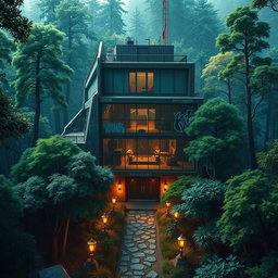 An urban concert hall surrounded by a dense, enchanting forest, designed for Dungeons and Dragons