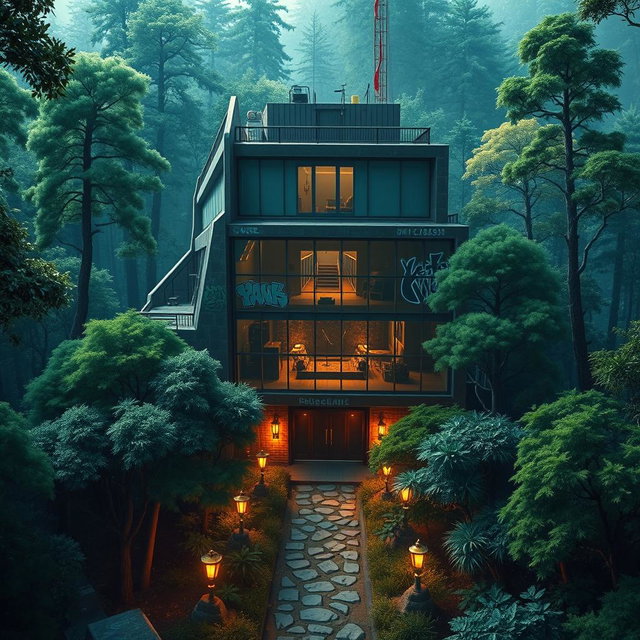 An urban concert hall surrounded by a dense, enchanting forest, designed for Dungeons and Dragons