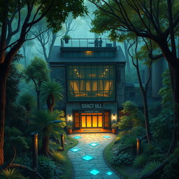 An urban concert hall surrounded by a dense, enchanting forest, designed for Dungeons and Dragons