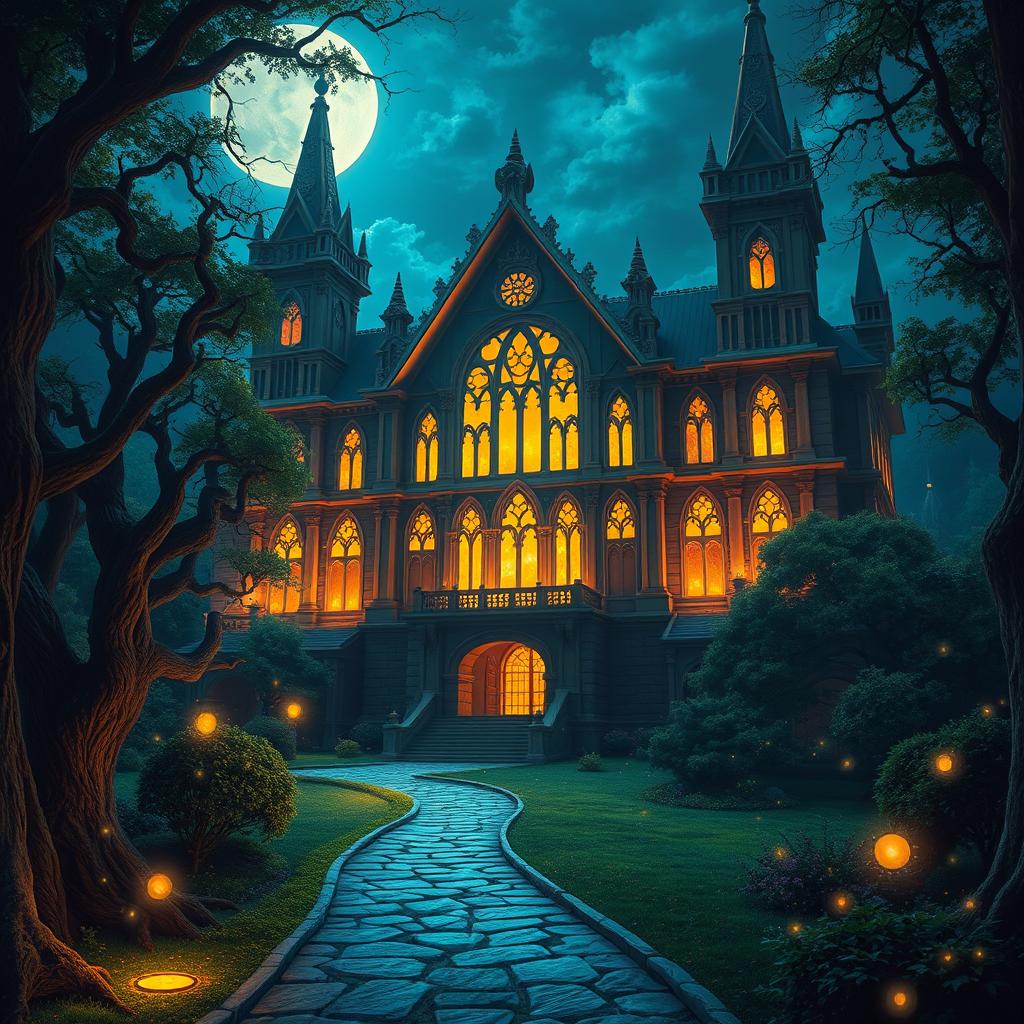 A stunning fantasy concert hall illuminated at night, with vibrant lights streaming out of its grand windows, surrounded by a mystical forest, designed for Dungeons and Dragons