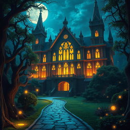 A stunning fantasy concert hall illuminated at night, with vibrant lights streaming out of its grand windows, surrounded by a mystical forest, designed for Dungeons and Dragons