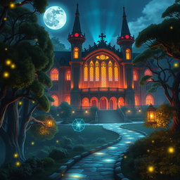 A stunning fantasy concert hall illuminated at night, with vibrant lights streaming out of its grand windows, surrounded by a mystical forest, designed for Dungeons and Dragons