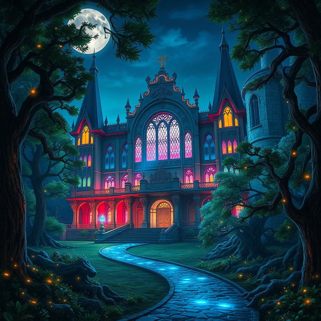 A stunning fantasy concert hall illuminated at night, with vibrant lights streaming out of its grand windows, surrounded by a mystical forest, designed for Dungeons and Dragons