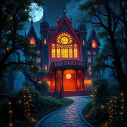 A stunning fantasy concert hall illuminated at night, with vibrant lights streaming out of its grand windows, surrounded by a mystical forest, designed for Dungeons and Dragons