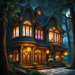 An enchanting fantasy nightclub exterior at night, with vibrant lights streaming out of its grand, ornate windows, surrounded by a mystical forest, tailored for Dungeons and Dragons