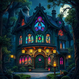 An enchanting fantasy nightclub exterior at night, with vibrant lights streaming out of its grand, ornate windows, surrounded by a mystical forest, tailored for Dungeons and Dragons