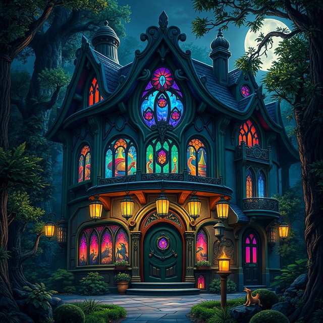 An enchanting fantasy nightclub exterior at night, with vibrant lights streaming out of its grand, ornate windows, surrounded by a mystical forest, tailored for Dungeons and Dragons
