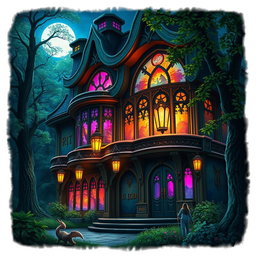 An enchanting fantasy nightclub exterior at night, with vibrant lights streaming out of its grand, ornate windows, surrounded by a mystical forest, tailored for Dungeons and Dragons