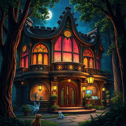 An enchanting fantasy nightclub exterior at night, with vibrant lights streaming out of its grand, ornate windows, surrounded by a mystical forest, tailored for Dungeons and Dragons