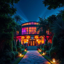 An exterior view of a nightclub at night, bursting with vibrant lights streaming from its large windows, surrounded by a dense, mystical forest ideal for Dungeons and Dragons
