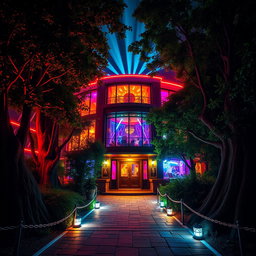 An exterior view of a nightclub at night, bursting with vibrant lights streaming from its large windows, surrounded by a dense, mystical forest ideal for Dungeons and Dragons