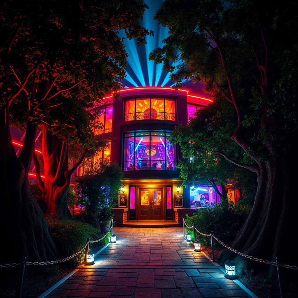 An exterior view of a nightclub at night, bursting with vibrant lights streaming from its large windows, surrounded by a dense, mystical forest ideal for Dungeons and Dragons