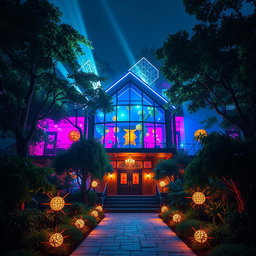An exterior view of a nightclub at night, bursting with vibrant lights streaming from its large windows, surrounded by a dense, mystical forest ideal for Dungeons and Dragons