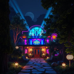 An exterior view of a nightclub at night, bursting with vibrant lights streaming from its large windows, surrounded by a dense, mystical forest ideal for Dungeons and Dragons