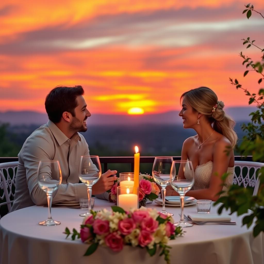 A romantic dinner setting featuring a couple enjoying a candlelit meal at an elegant outdoor table