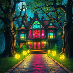 An exterior view of a fantasy nightclub at night, vibrant lights pouring from its large windows, surrounded by an enchanting forest, perfect for Dungeons and Dragons