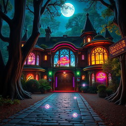 An exterior view of a fantasy nightclub at night, vibrant lights pouring from its large windows, surrounded by an enchanting forest, perfect for Dungeons and Dragons