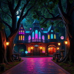 An exterior view of a fantasy nightclub at night, vibrant lights pouring from its large windows, surrounded by an enchanting forest, perfect for Dungeons and Dragons