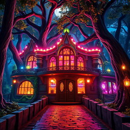 An exterior view of a fantasy nightclub at night, vibrant lights pouring from its large windows, surrounded by an enchanting forest, perfect for Dungeons and Dragons