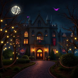 An exterior view of a castle nightclub at night, illuminated by vibrant lights streaming from its grand, medieval-style windows