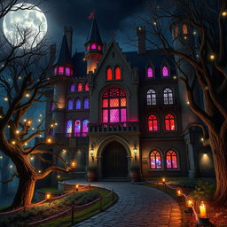 An exterior view of a castle nightclub at night, illuminated by vibrant lights streaming from its grand, medieval-style windows