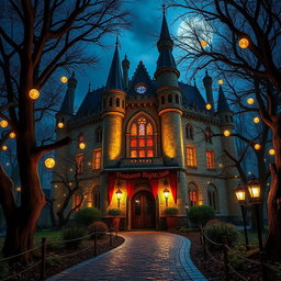 An exterior view of a castle nightclub at night, illuminated by vibrant lights streaming from its grand, medieval-style windows