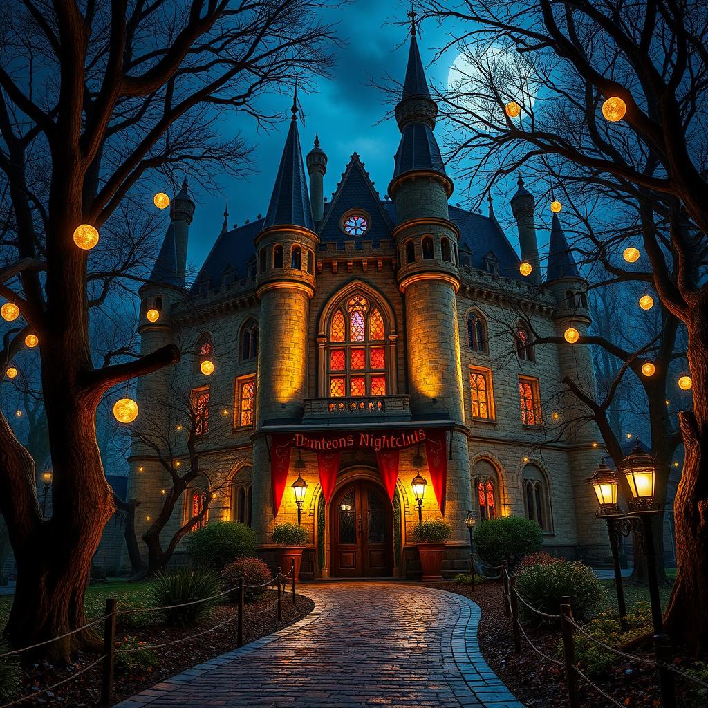 An exterior view of a castle nightclub at night, illuminated by vibrant lights streaming from its grand, medieval-style windows