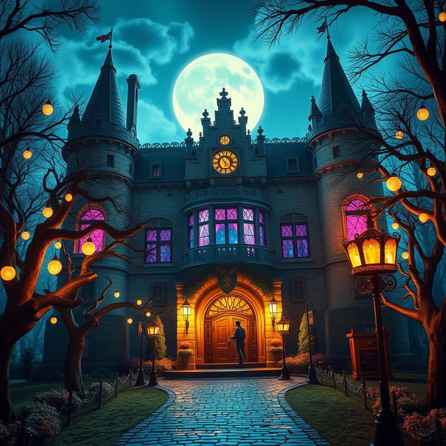 An exterior view of a castle nightclub at night, illuminated by vibrant lights streaming from its grand, medieval-style windows