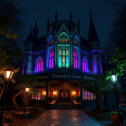 An exterior view of a castle nightclub at night, illuminated by colorful lights streaming from its grand windows, surrounded by an urban forest setting, perfect for Dungeons and Dragons