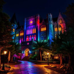 An exterior view of a castle nightclub at night, illuminated by colorful lights streaming from its grand windows, surrounded by an urban forest setting, perfect for Dungeons and Dragons