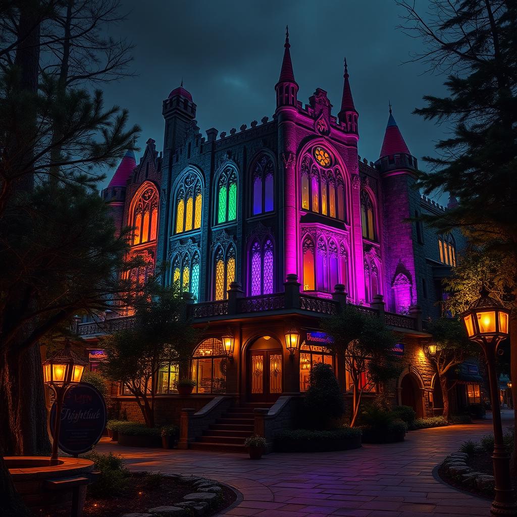 An exterior view of a castle nightclub at night, illuminated by colorful lights streaming from its grand windows, surrounded by an urban forest setting, perfect for Dungeons and Dragons