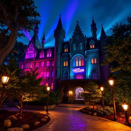 An exterior view of a castle nightclub at night, illuminated by colorful lights streaming from its grand windows, surrounded by an urban forest setting, perfect for Dungeons and Dragons