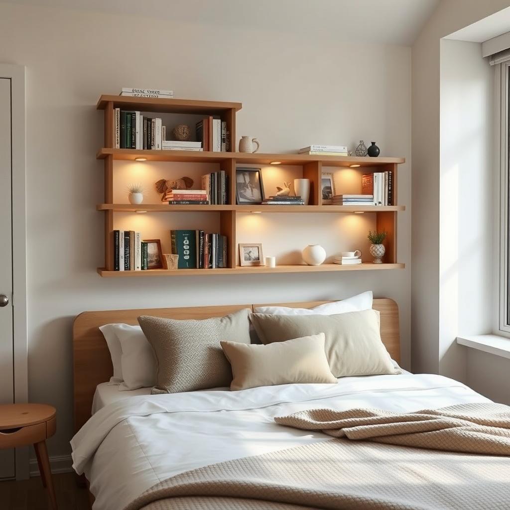 A cozy bedroom featuring a Scandinavian-style bookshelf elegantly mounted on the wall above a neatly made bed