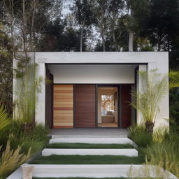 Front view of a dream house, single-story, blending modern and vintage styles using wood and cement as main materials