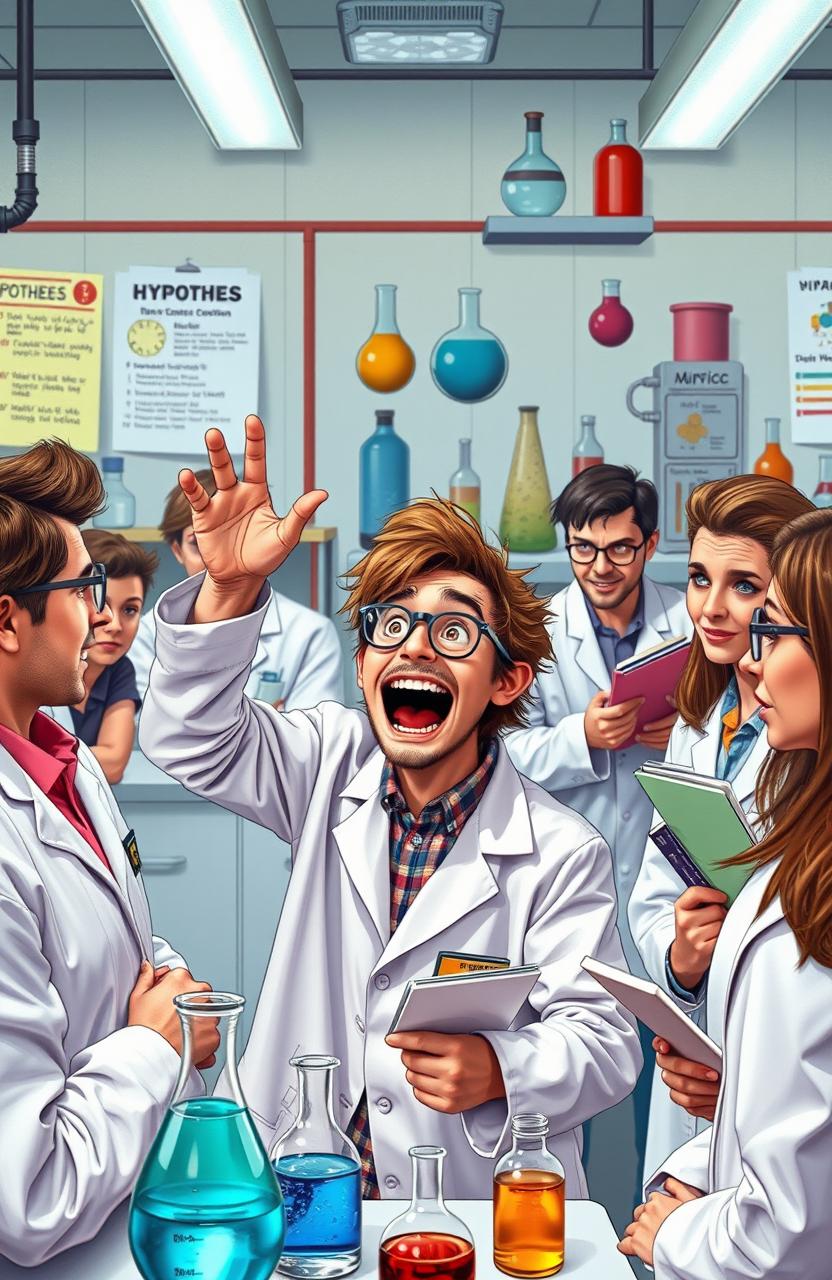 A humorous and imaginative scene depicting a young, enthusiastic scientist in a lab filled with beakers and scientific equipment, passionately trying to convince skeptical colleagues