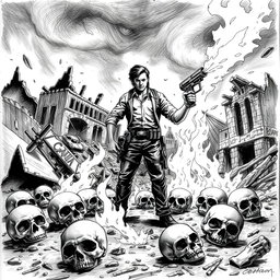 A dramatic black and white drawing depicting a scene with several skulls scattered on the ground, symbolizing a post-apocalyptic landscape