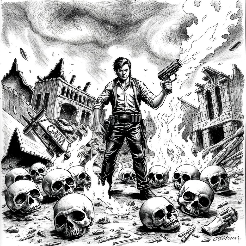 A dramatic black and white drawing depicting a scene with several skulls scattered on the ground, symbolizing a post-apocalyptic landscape