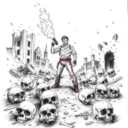 A dramatic black and white drawing depicting a scene with several skulls scattered on the ground, symbolizing a post-apocalyptic landscape