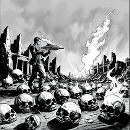 A dramatic black and white drawing depicting a scene with several skulls scattered on the ground, symbolizing a post-apocalyptic landscape