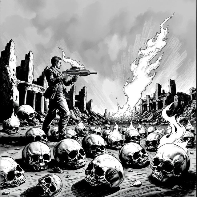 A dramatic black and white drawing depicting a scene with several skulls scattered on the ground, symbolizing a post-apocalyptic landscape