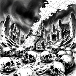 A dramatic black and white drawing depicting a scene with several skulls scattered on the ground, symbolizing a post-apocalyptic landscape