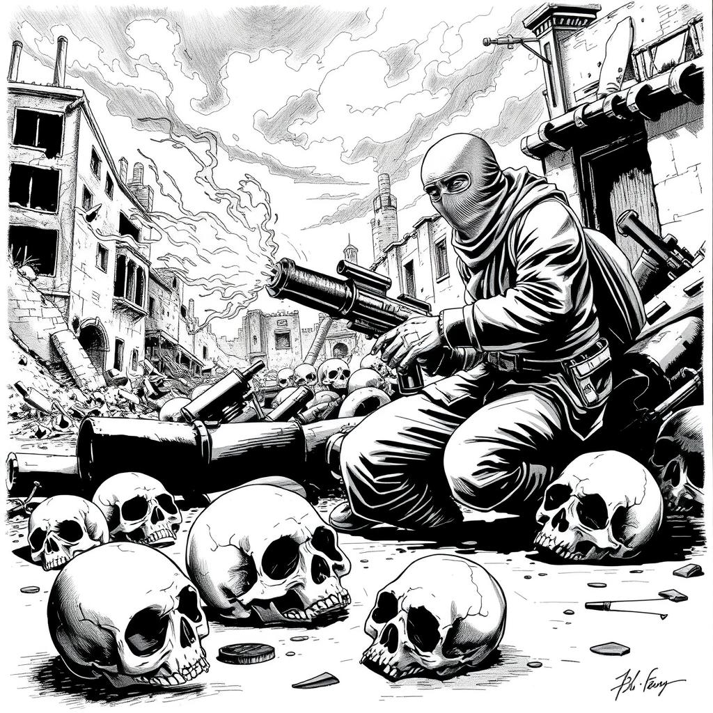 A black and white drawing depicting a dramatic scene with several skulls lying scattered on the ground