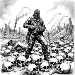 A black and white drawing depicting a desolate scene with skulls scattered across the ground
