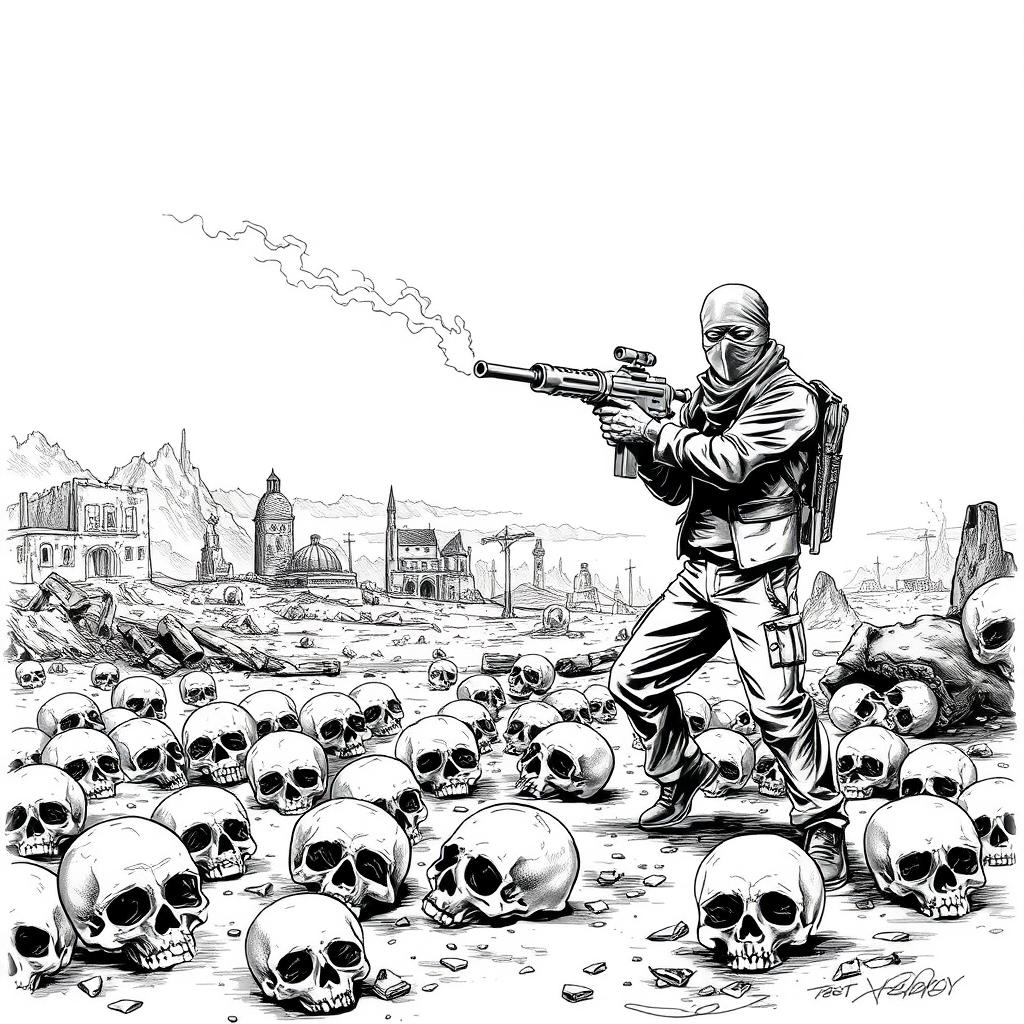 A black and white drawing depicting a desolate scene with skulls scattered across the ground
