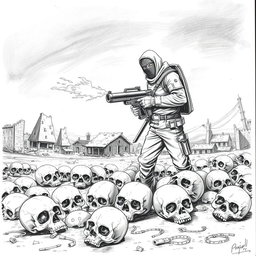 A black and white drawing depicting a desolate scene with skulls scattered across the ground