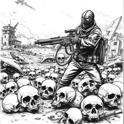 A black and white drawing depicting a desolate scene with skulls scattered across the ground