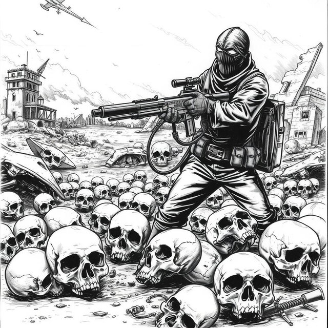 A black and white drawing depicting a desolate scene with skulls scattered across the ground