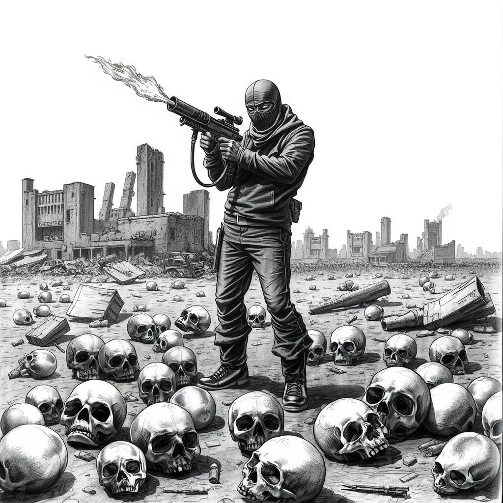 A dramatic black and white drawing depicting a desolate scene where skulls lie scattered on the ground, showcasing a grim atmosphere