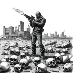 A dramatic black and white drawing depicting a desolate scene where skulls lie scattered on the ground, showcasing a grim atmosphere